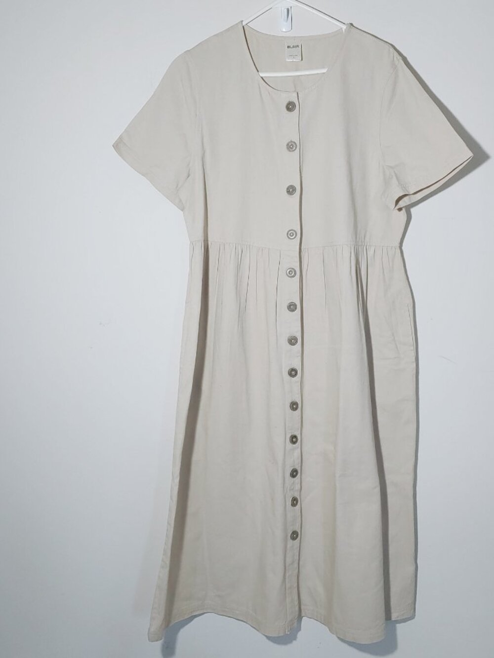 Blair 100% Cotton Button Front Short Sleeve Cottagecore Midi Dress Sz L Cream